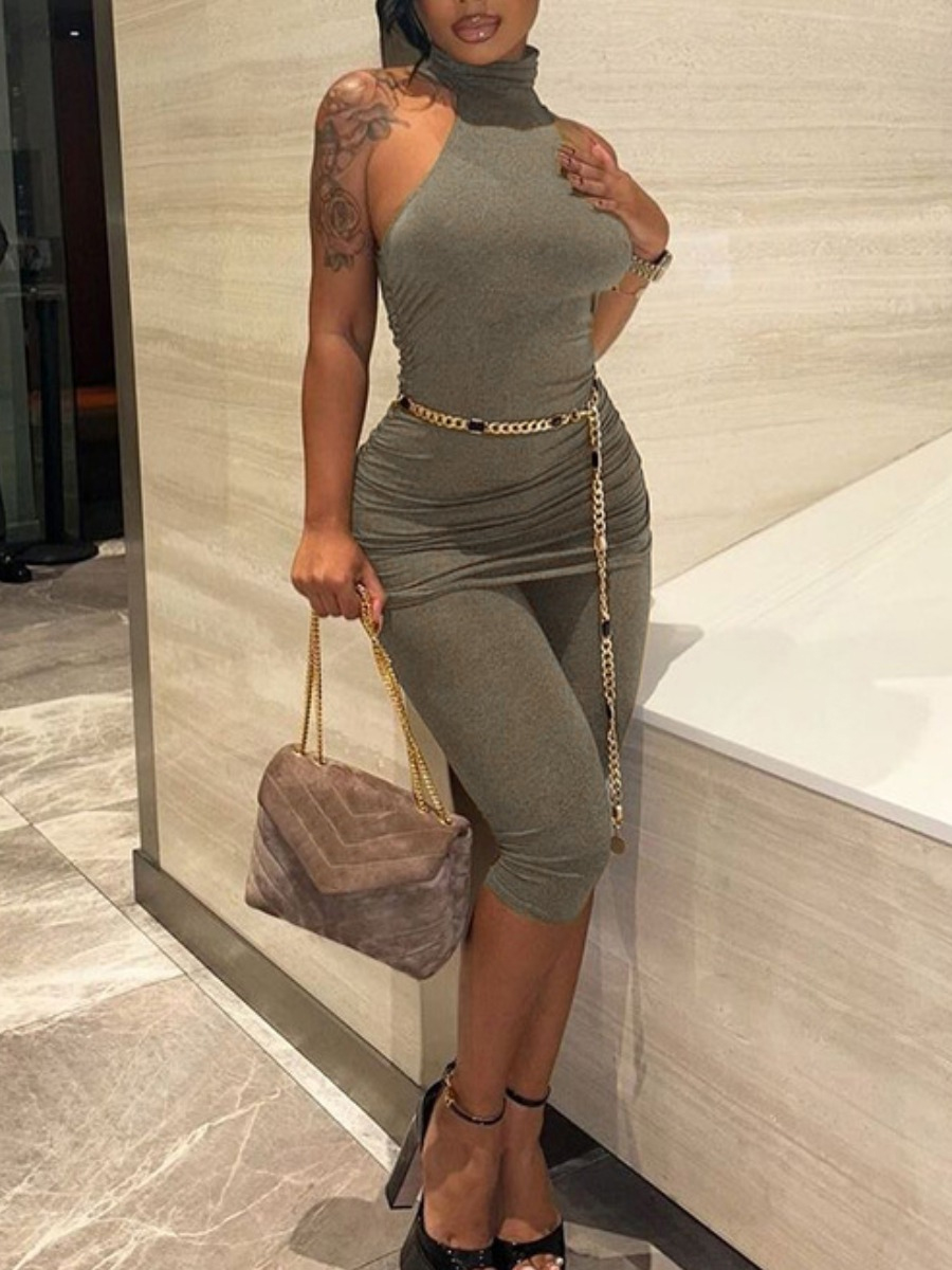 LW Casual Polyester Mock Neck Solid Color Sleeveless Taupe Two-piece Pants Set