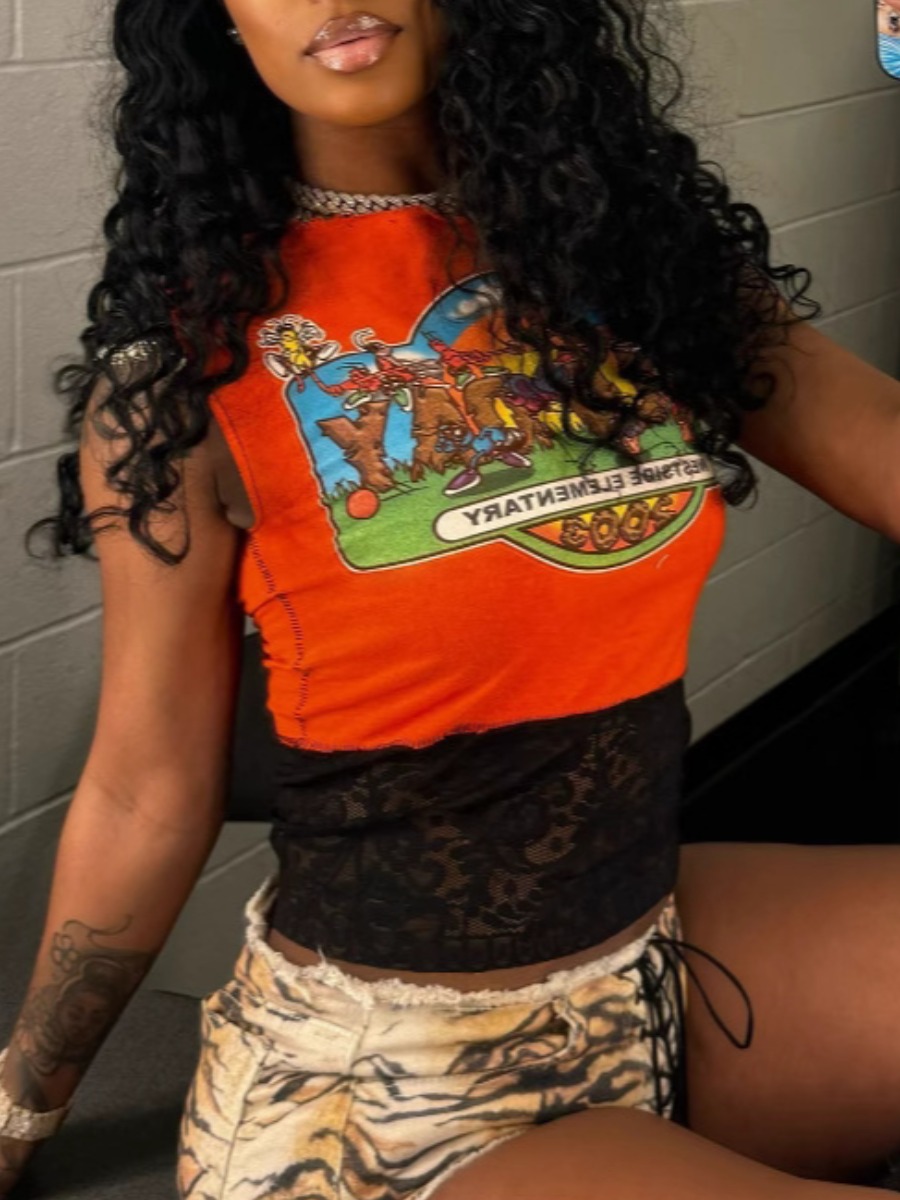 LW Lace Patchwork Cartoon Print Camisole&Tank Top