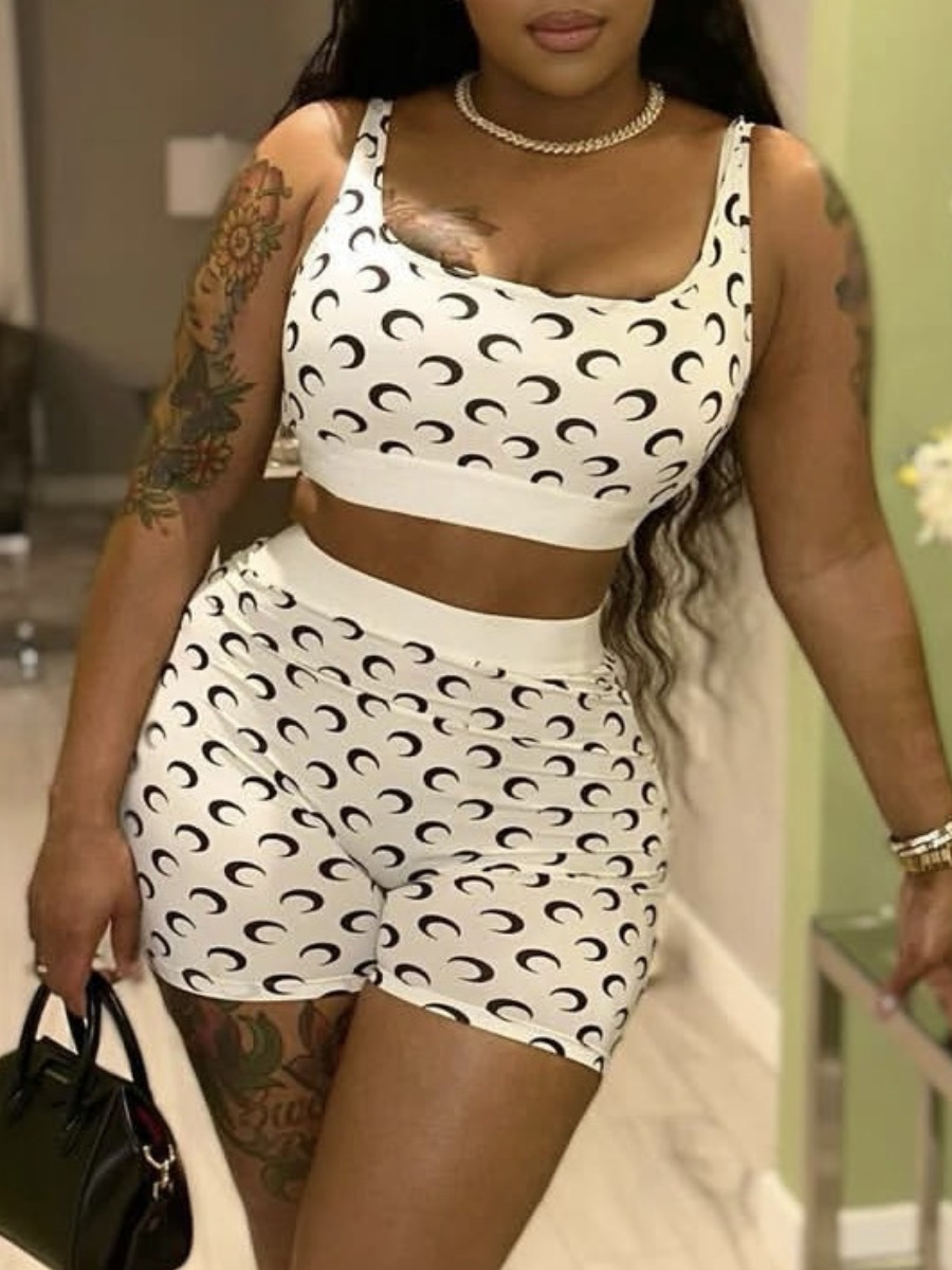 LW Street Polyester U Neck Pattern Geometric Sleeveless Two-piece Shorts Set