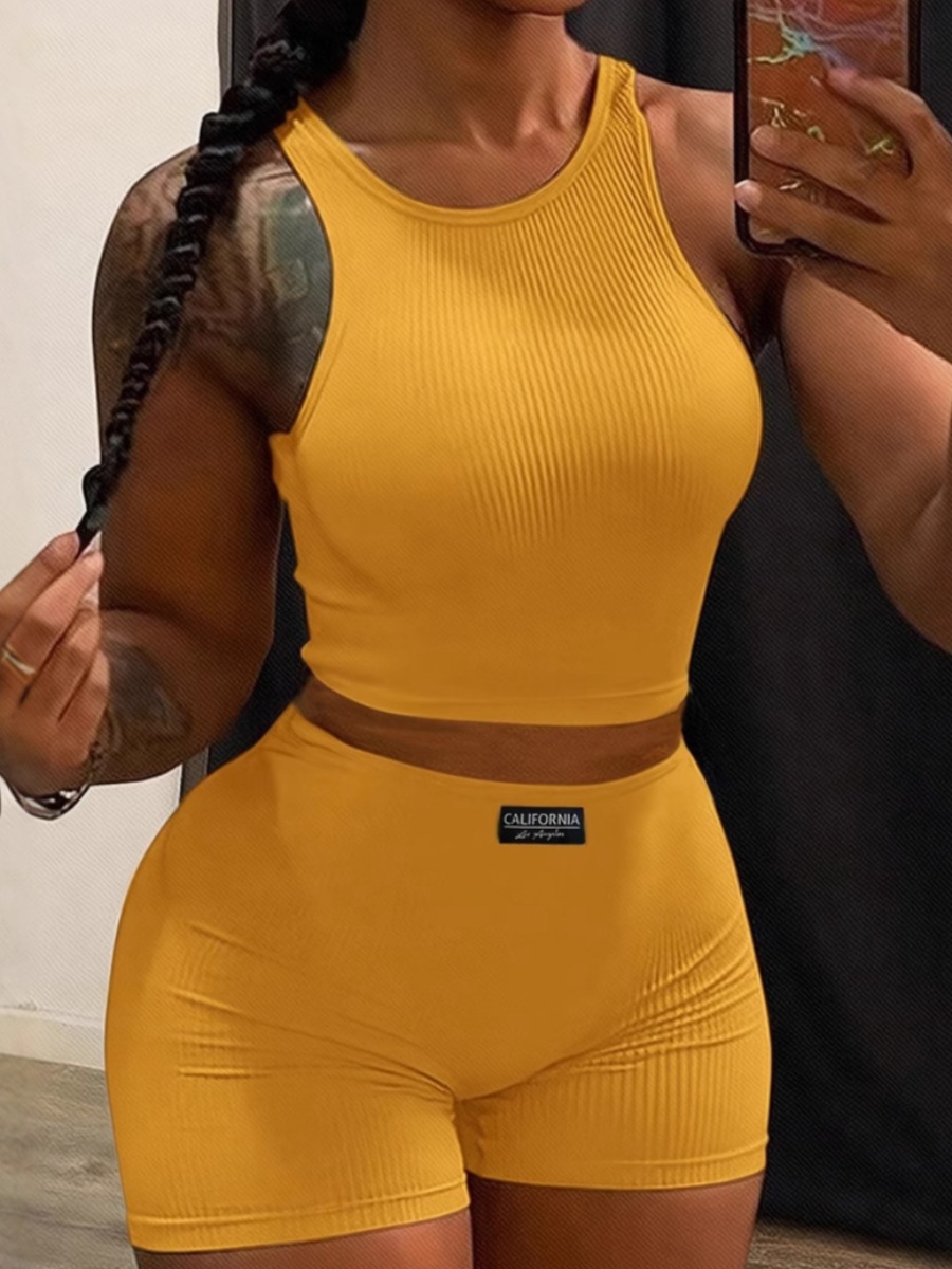 LW BASICS Casual Polyester Round Neck Solid Color Sleeveless Two-piece Shorts Set