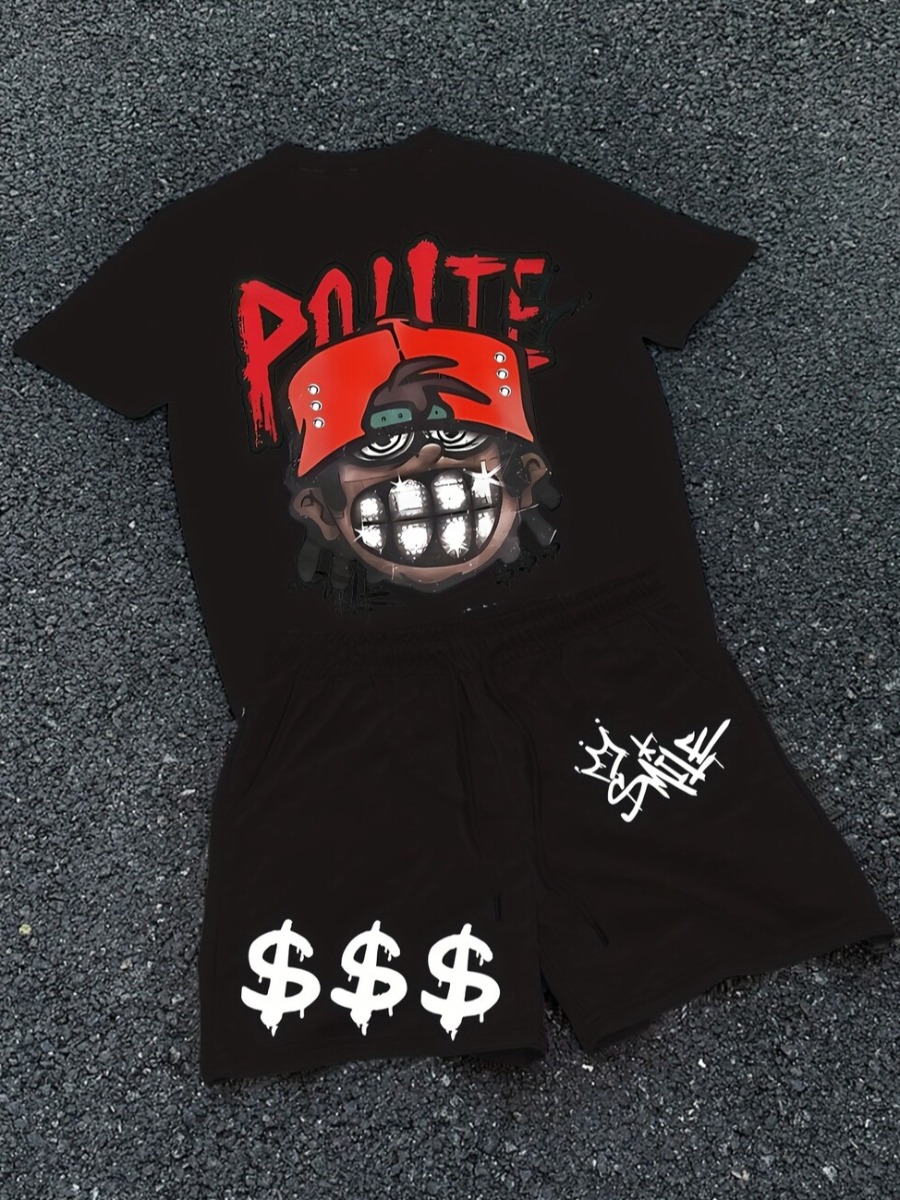 LW Men Pattern Cartoon Print Two-piece Shorts Set