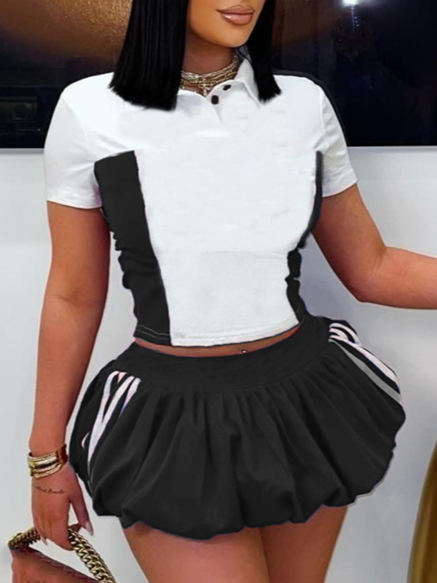 LW BASICS Casual Polyester Turndown Collar Color Block Striped Short Sleeve Two-piece Skirt Set