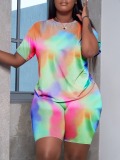 LW Casual Polyester Round Neck Pattern Mixed Print Short Sleeve Two-piece Shorts Set