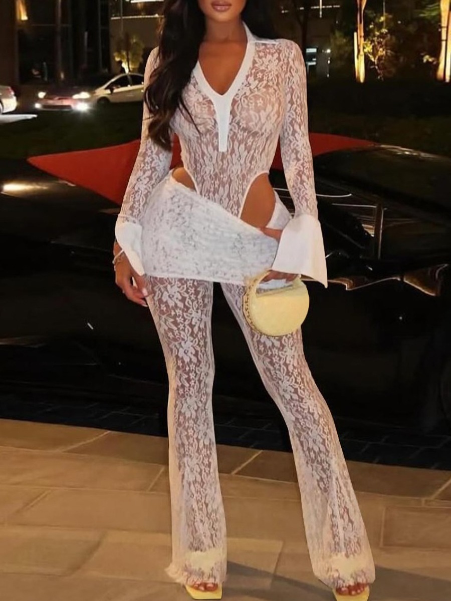 LW SXY Sxy Polyester V Neck Lace Monochrome Long Sleeve Two-piece Pants Set