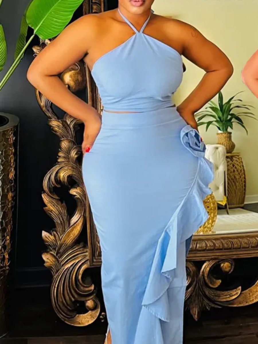 LW Elegant Polyester Halter Ruffle Hem Solid Color Sleeveless Two-piece Skirt Set