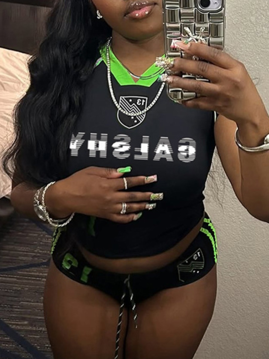 LW Sporty Polyester V Neck Pattern Letter Short Sleeve Two-piece Shorts Set