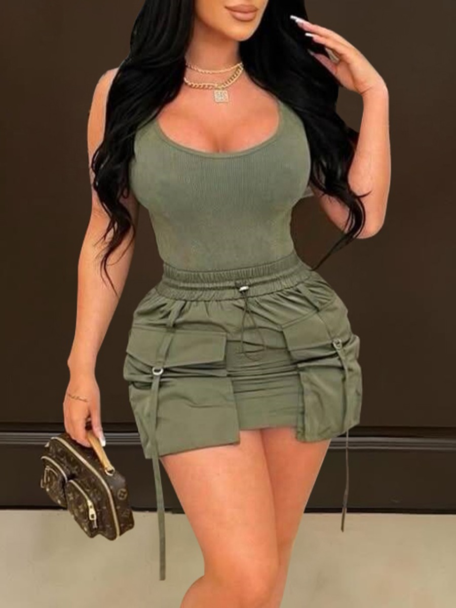 LW BASICS Pocket Design Solid Color Skirts