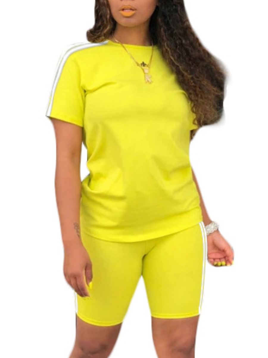 LW BASICS Casual Polyester Round Neck Solid Color Short Sleeve Two-piece Shorts Set