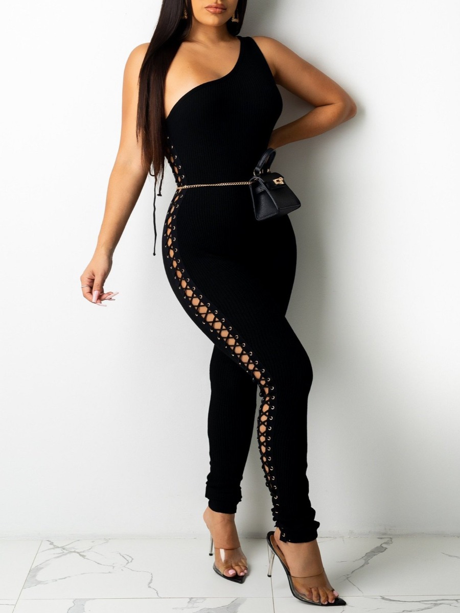 LW Bandage Hollow Out Design Solid Color Jumpsuit