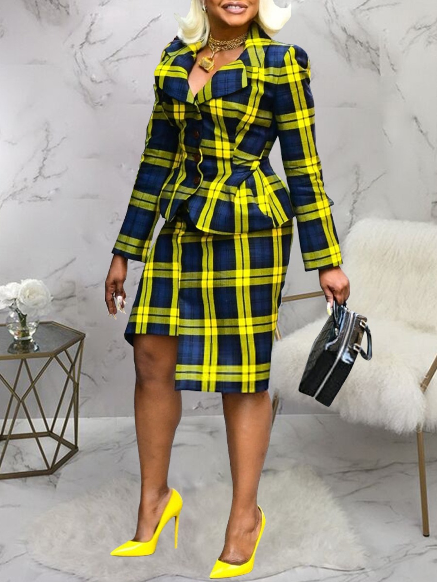 LW Casual Polyester Lapel Neck Asymmetrical Plaid 