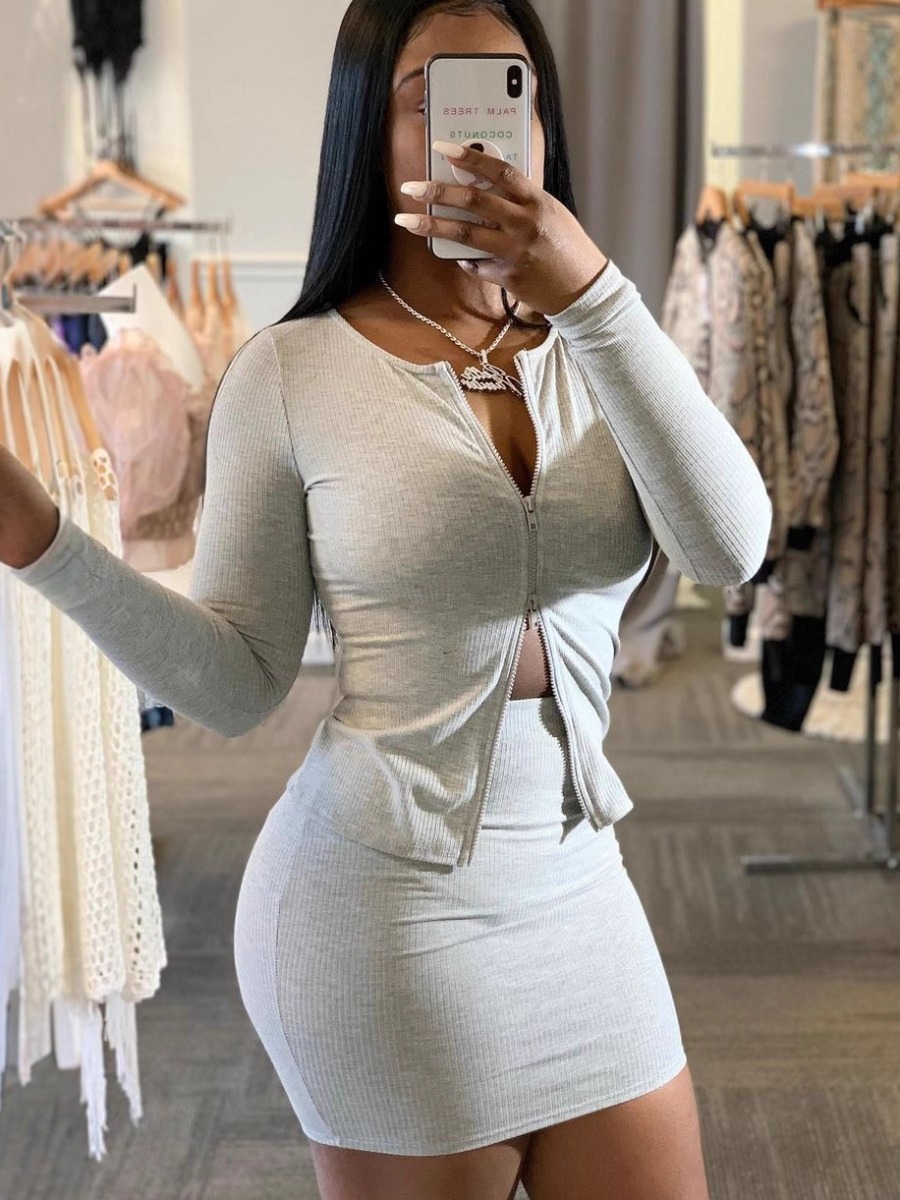 LW BASICS Casual Round Neck Zipper Design Solid Co