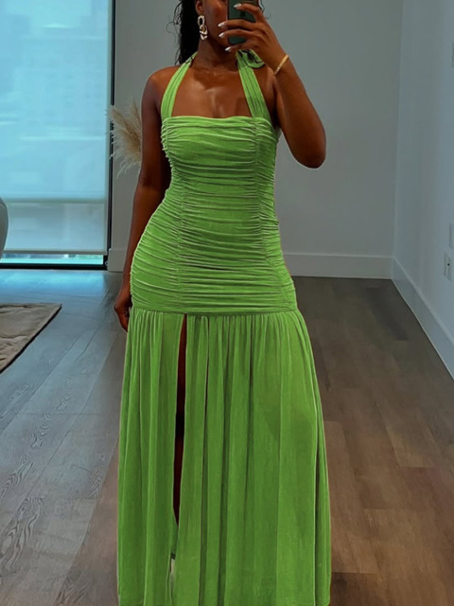 LW Shirred Solid Color Prom Dress