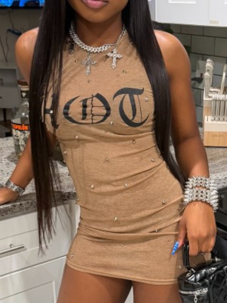 LW Rhinestone Pattern Letter Print Mini Dress