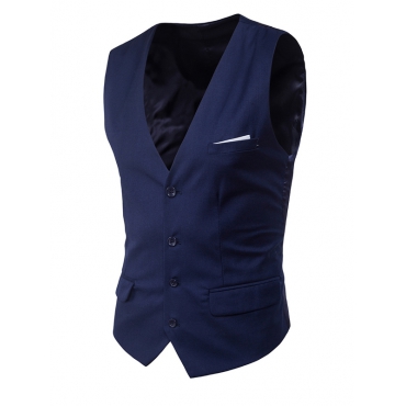Trendy  V Neck Button Design Navy Blue Cotton Blends Vest от Lovelywholesale WW